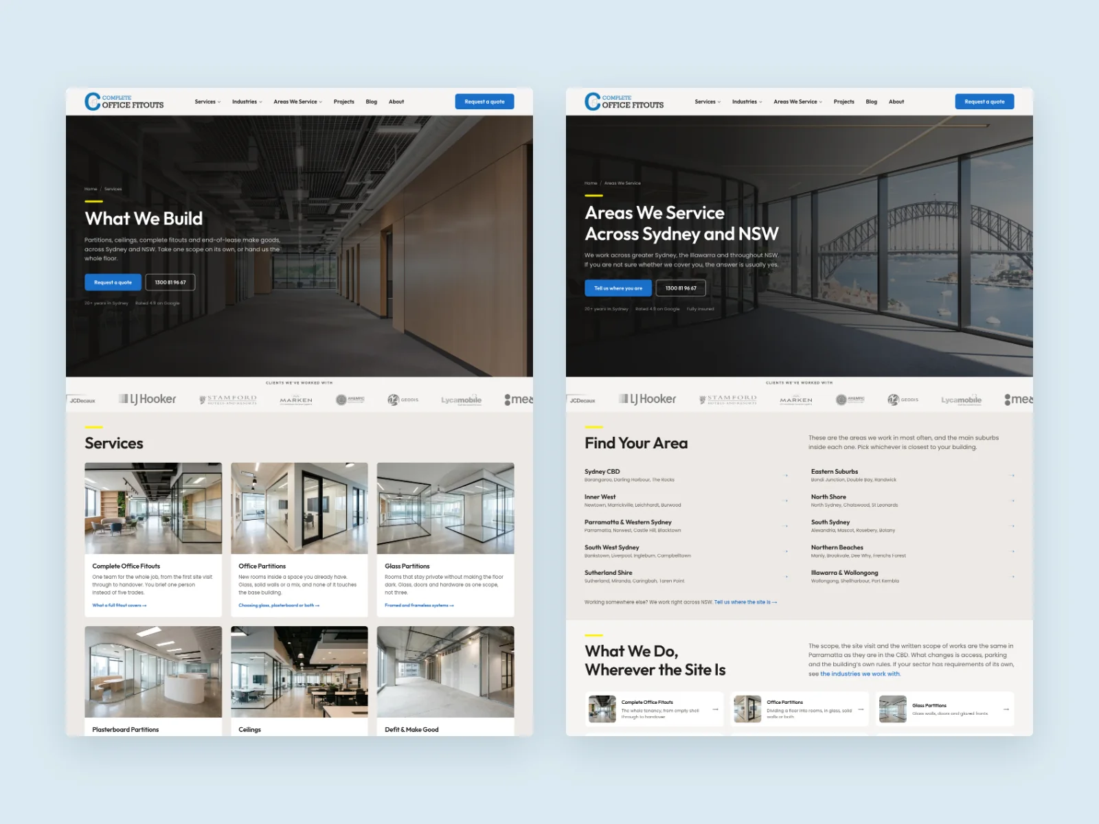Client-built Complete Office Fitouts services and Sydney coverage pages on the migrated Next.js website