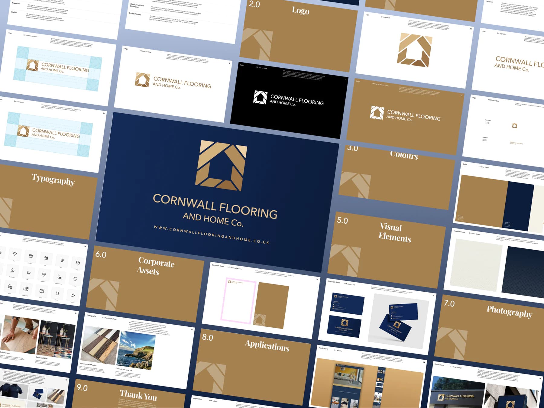 Cornwall Flooring and Home Co. brand guidelines showing the logo, colours, typography and visual identity applications