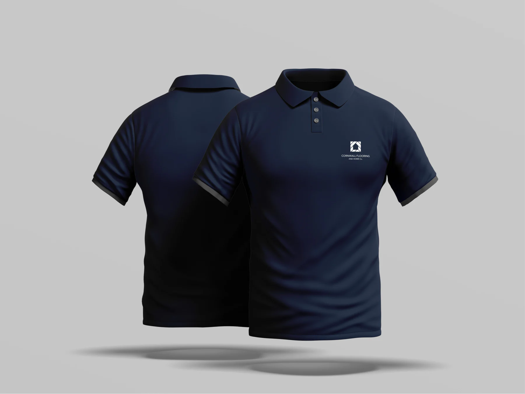 Cornwall Flooring and Home Co. navy branded polo shirt designs for the team