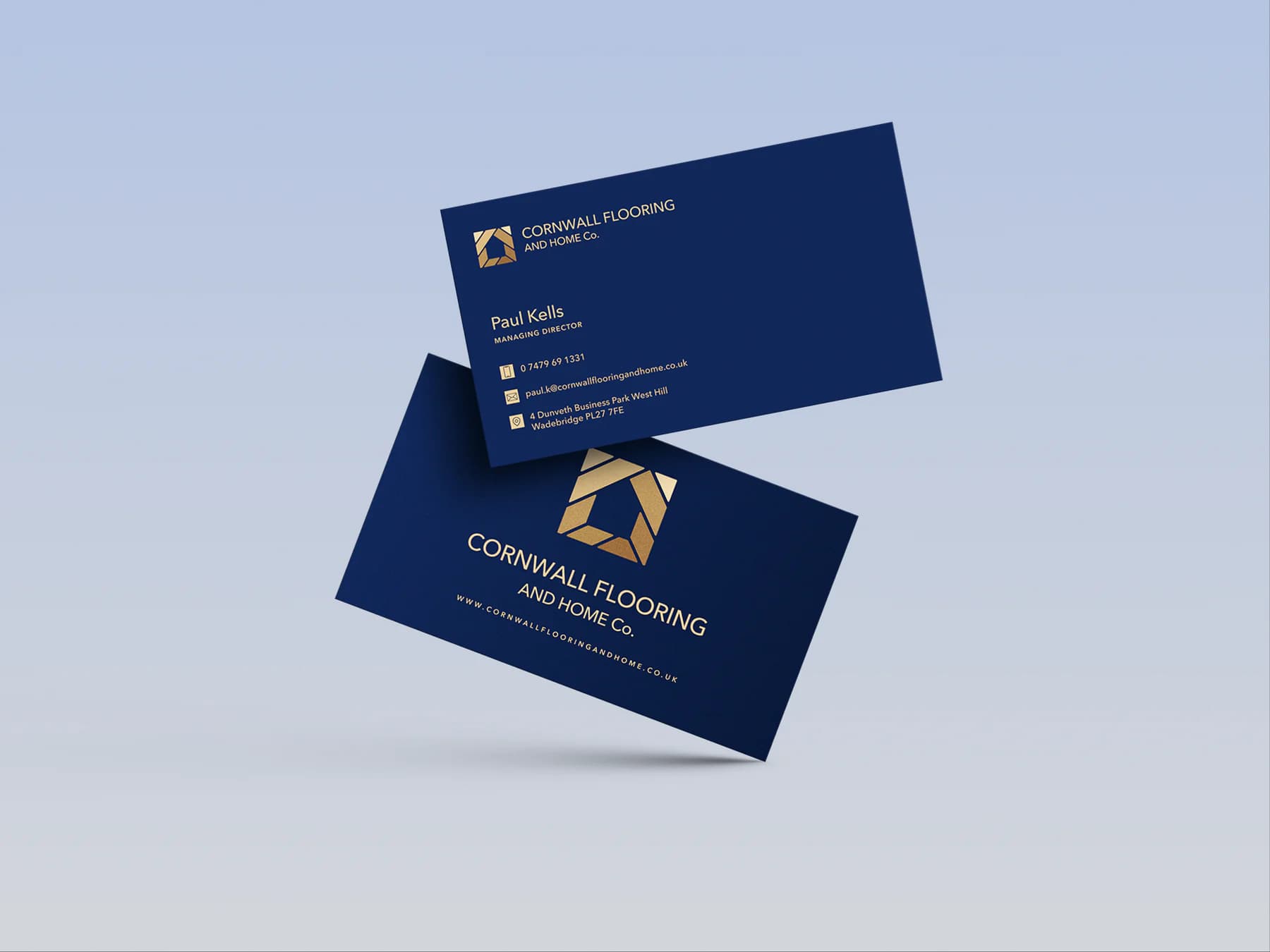 Cornwall Flooring and Home Co. navy and gold business card design