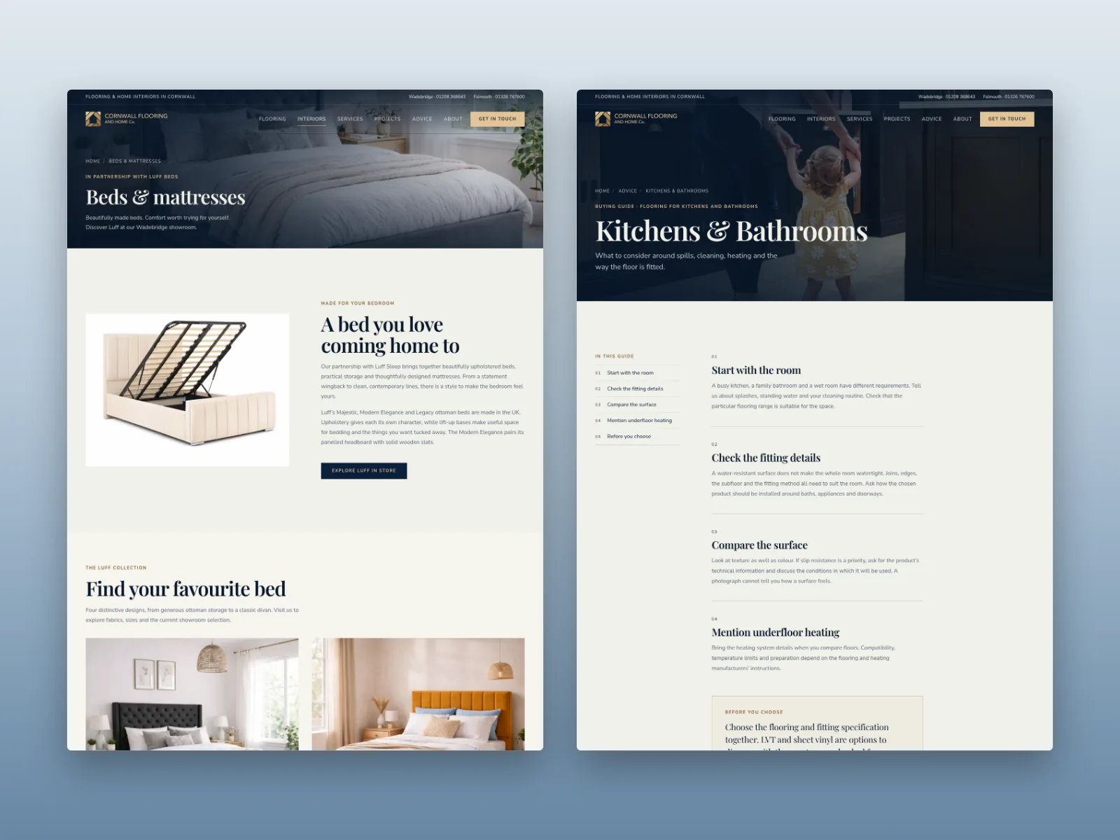 Cornwall Flooring beds and mattresses page alongside the kitchen and bathroom flooring buying guide