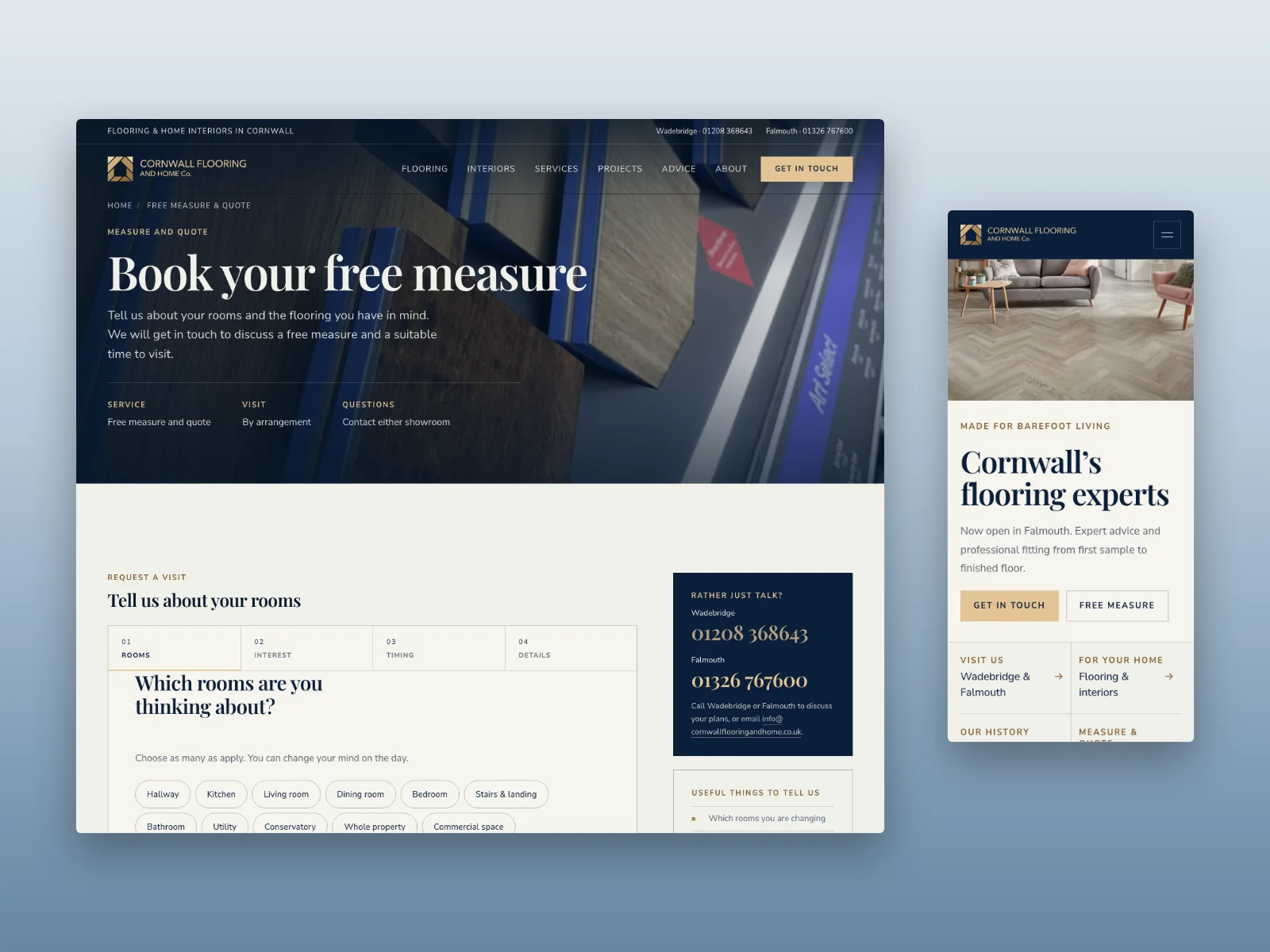 Cornwall Flooring responsive mobile homepage and desktop free-measure enquiry journey