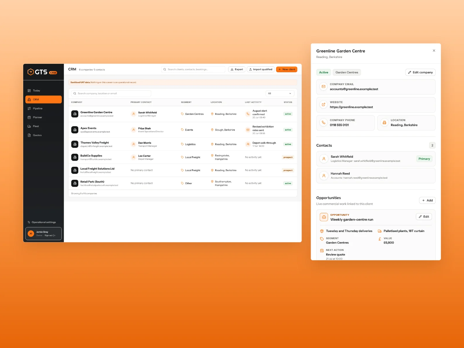 GTS Reading CRM company directory and customer detail panel, using fictional contact and activity records