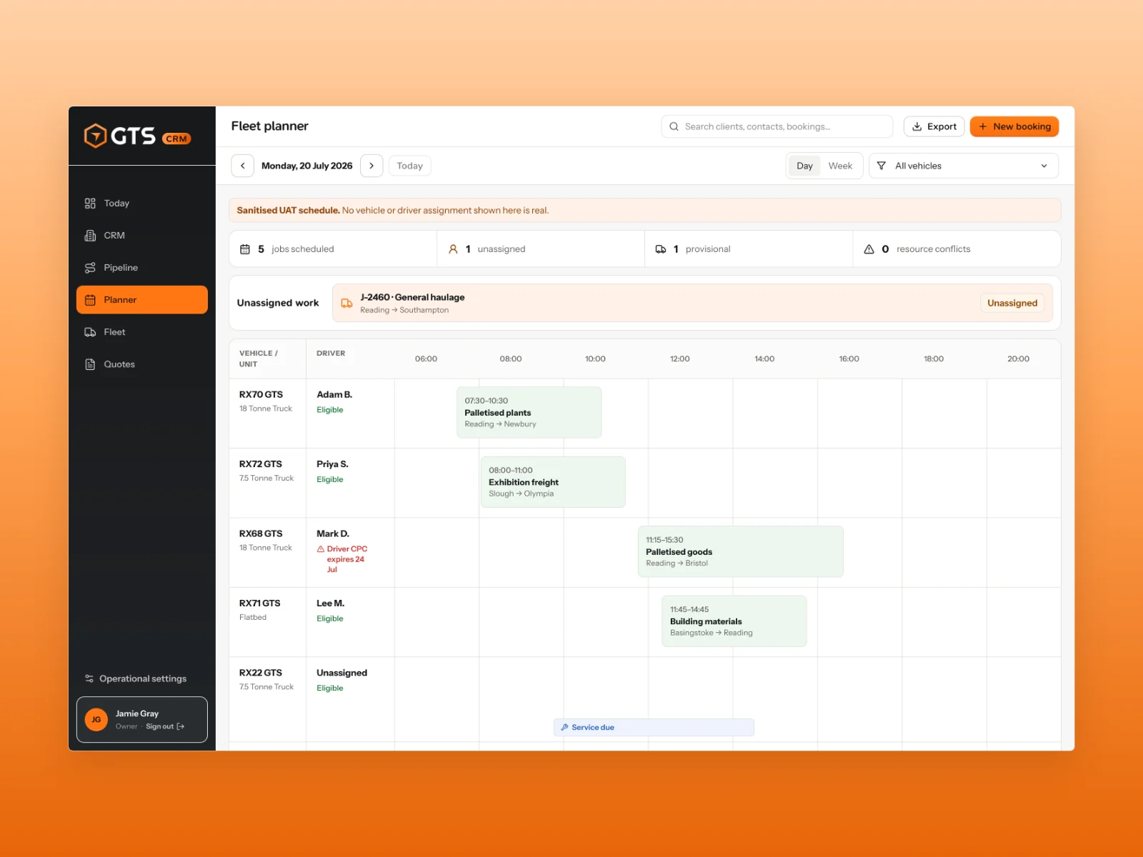 GTS Reading CRM dispatch planner connecting fictional vehicle and driver assignments with a timed daily schedule