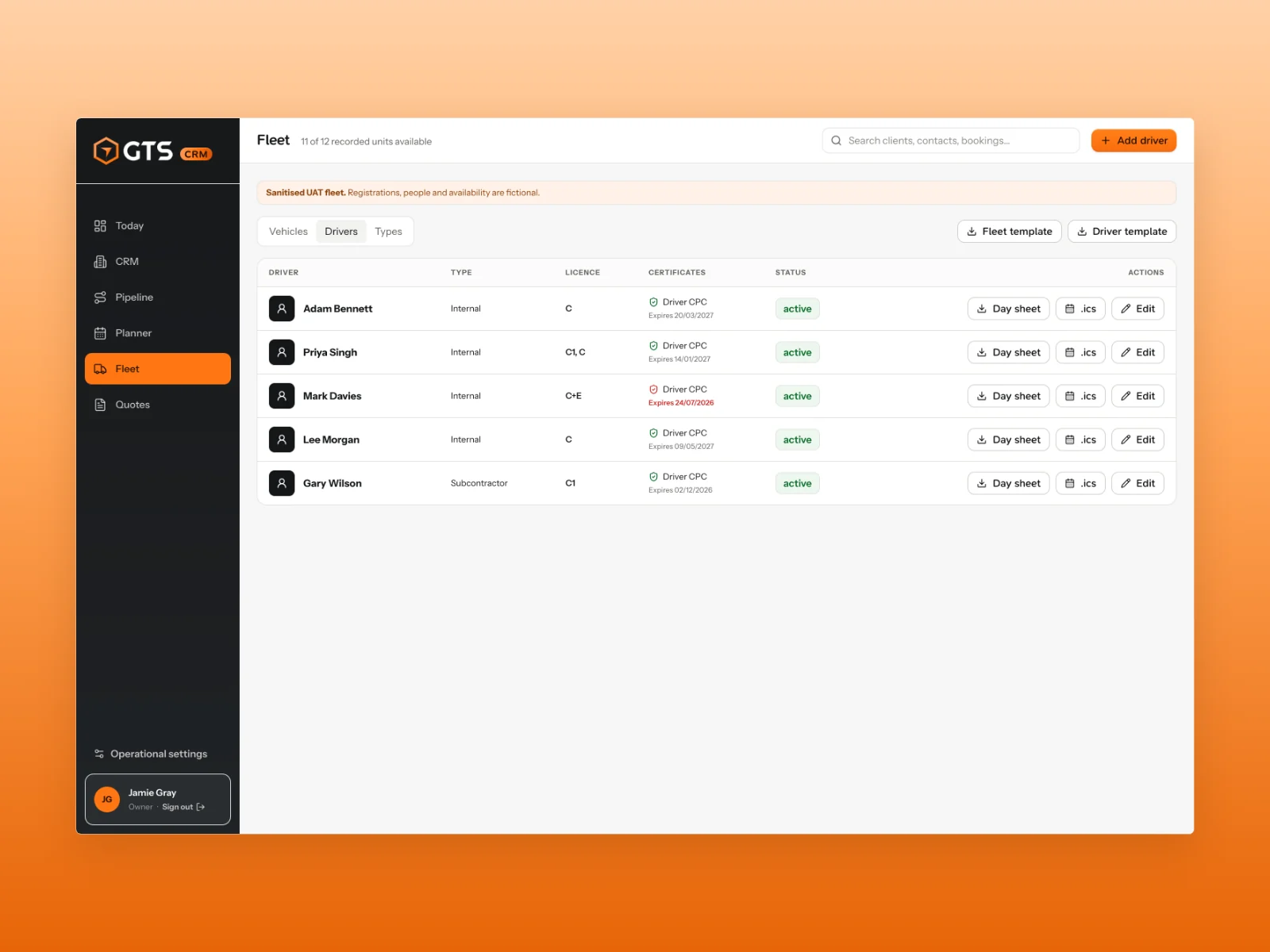 GTS Reading CRM fictional driver records with licence categories, certificates and day-sheet export controls