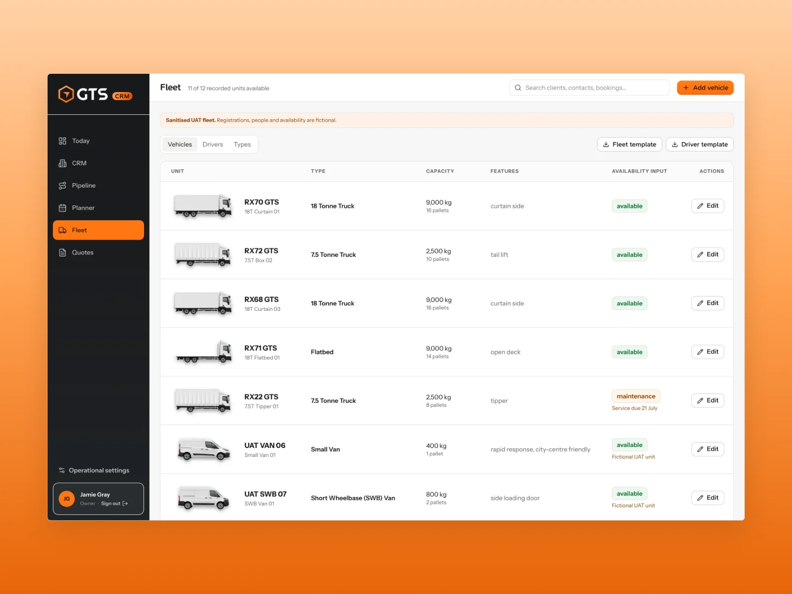 GTS Reading CRM fleet register showing fictional vehicle units, payloads, features and availability