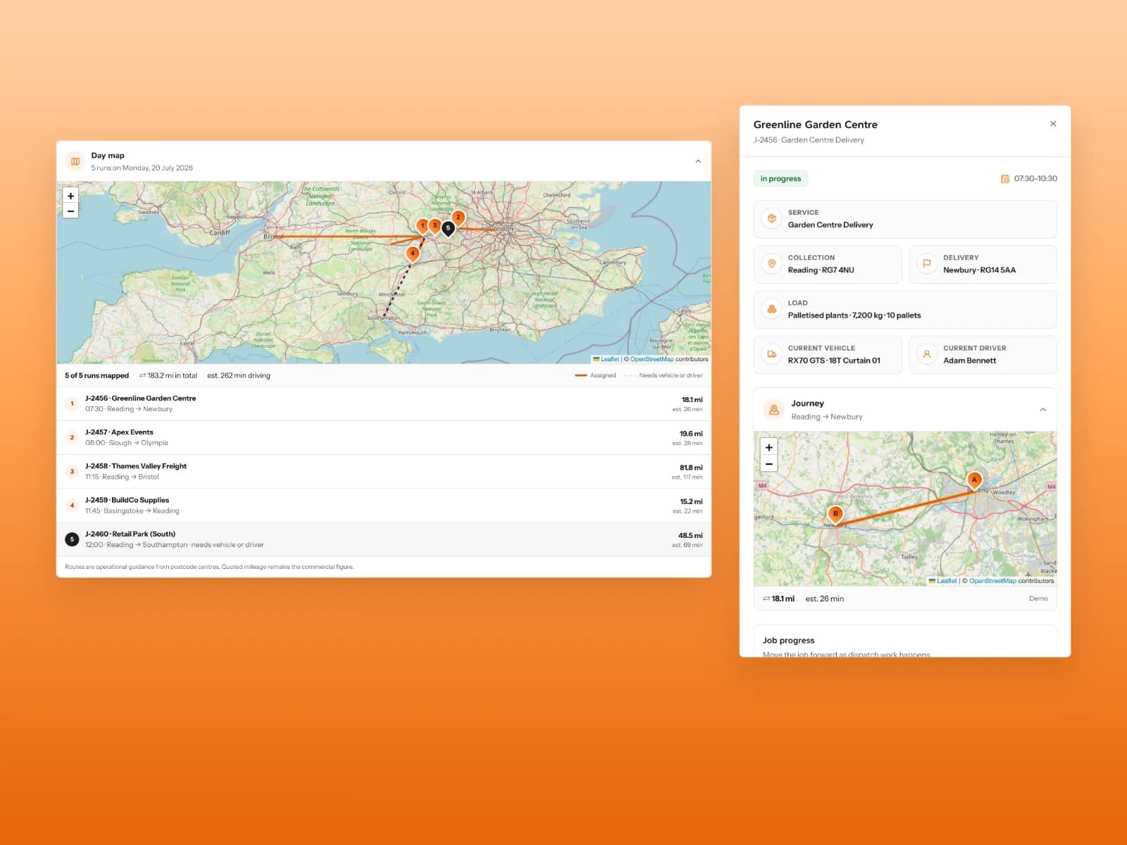 GTS Reading CRM day map and booking journey panel showing routes for fictional transport jobs