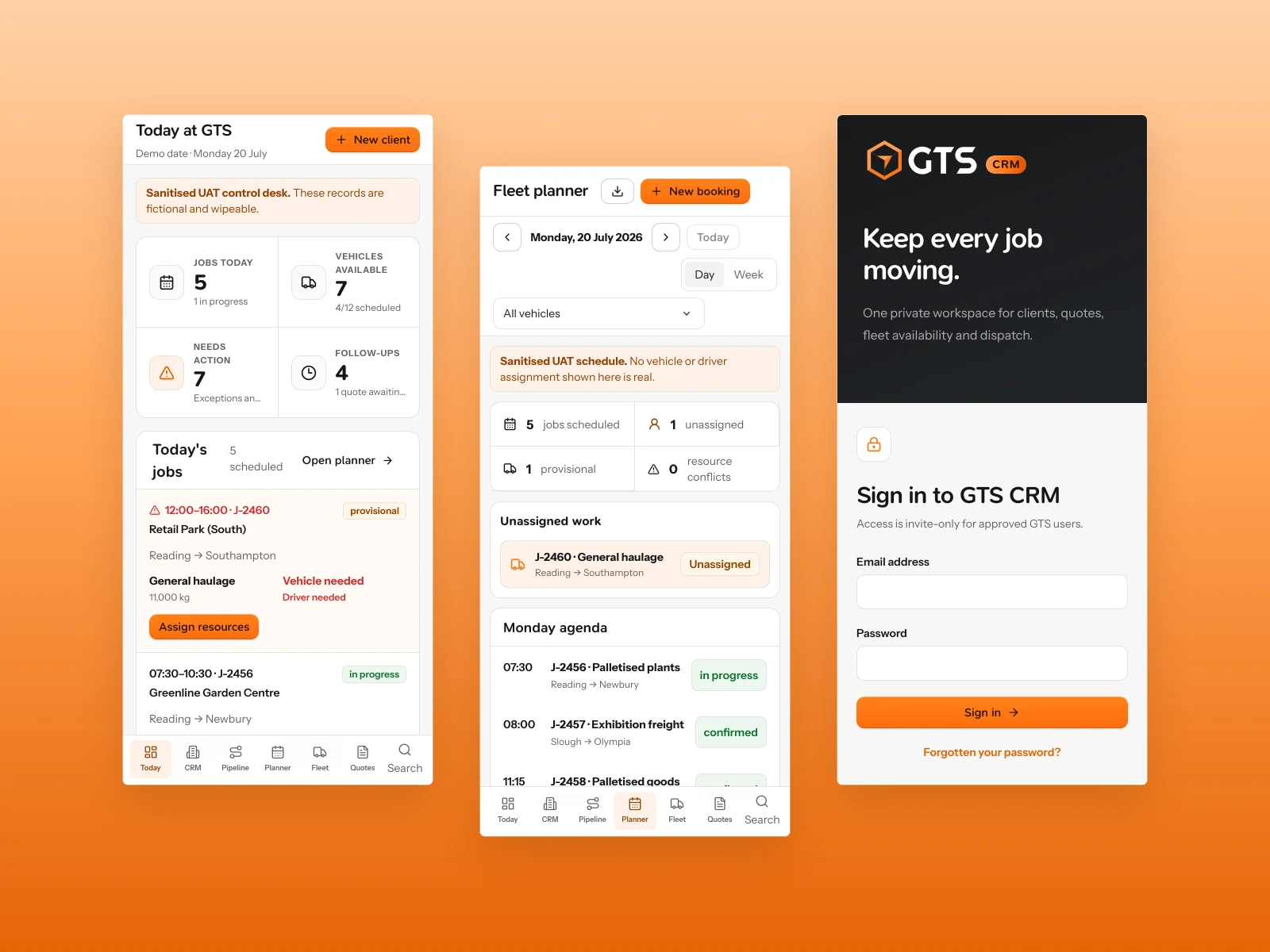 GTS Reading CRM mobile Today dashboard and dispatch agenda alongside the responsive sign-in screen