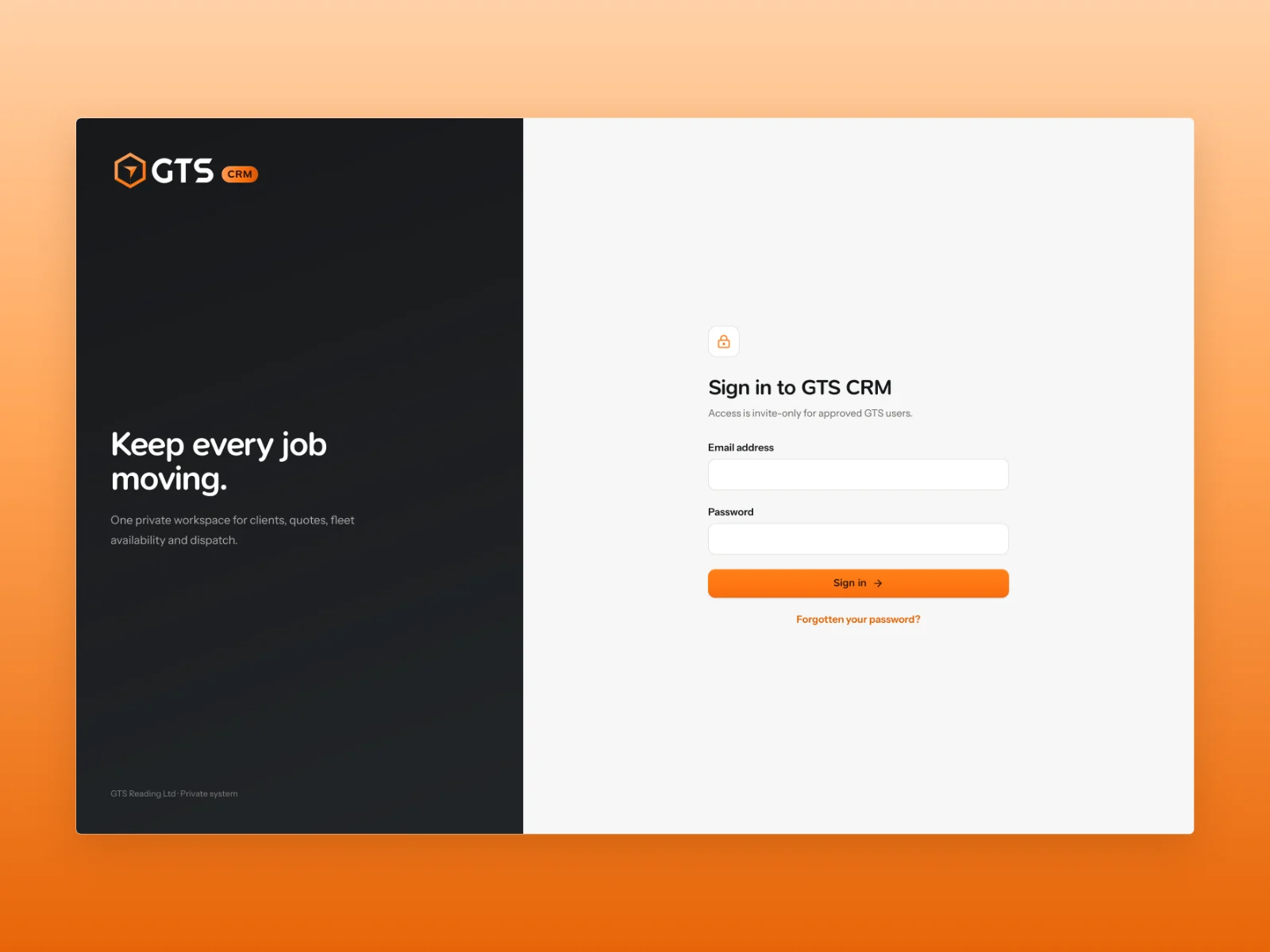 GTS Reading CRM invite-only login screen with the branded introduction and empty email and password fields