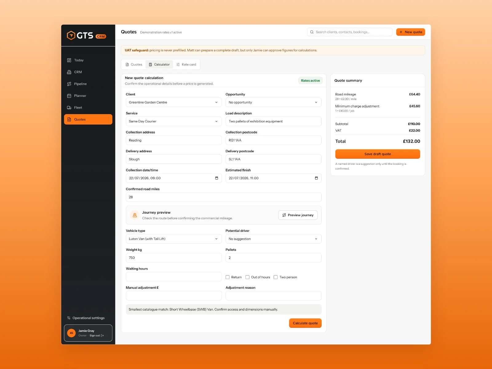 GTS Reading CRM quote calculator with collection and delivery details, vehicle selection and a fictional price breakdown