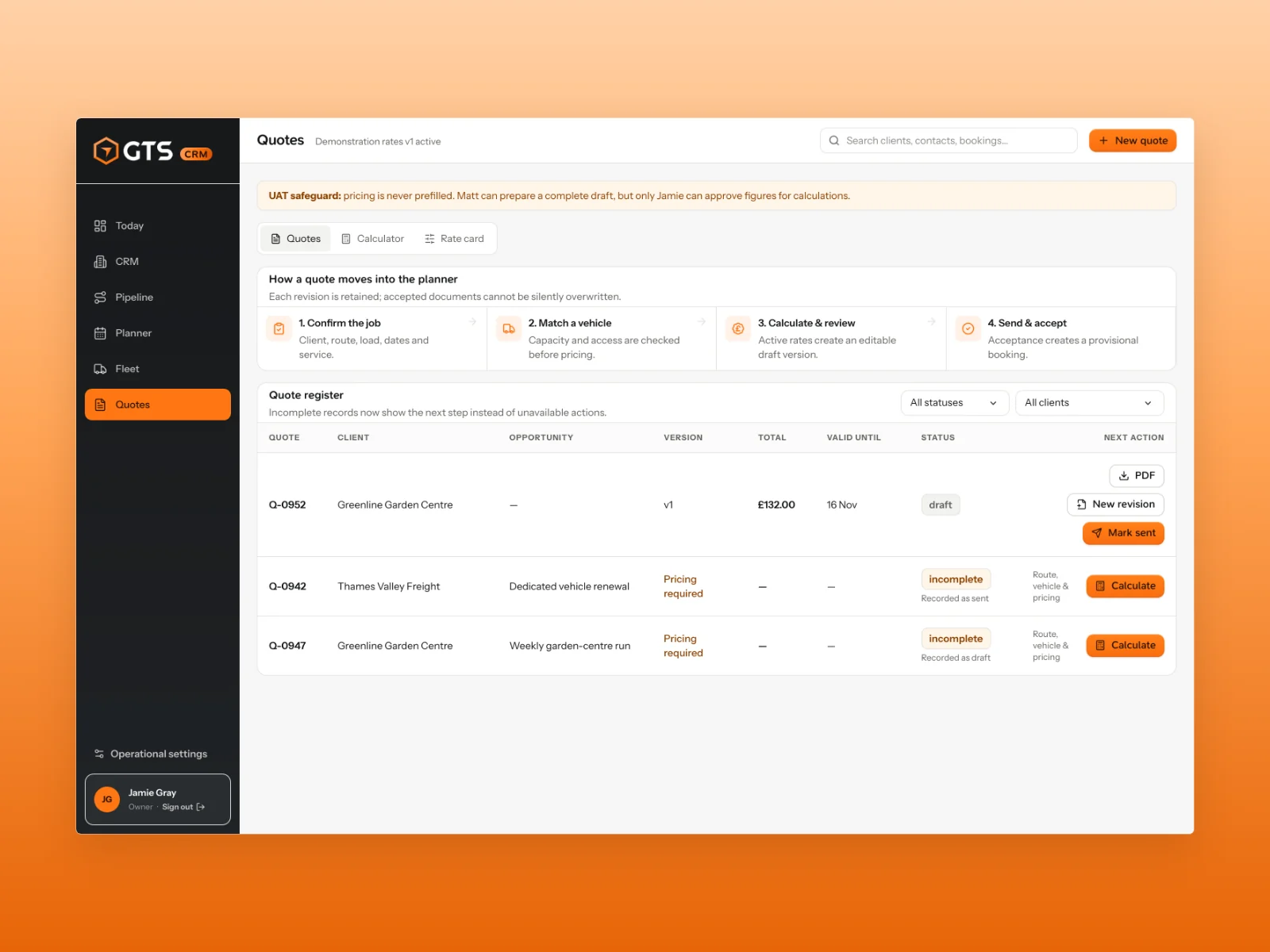 GTS Reading CRM quote register with demonstration quote statuses and a calculated draft linked to a customer
