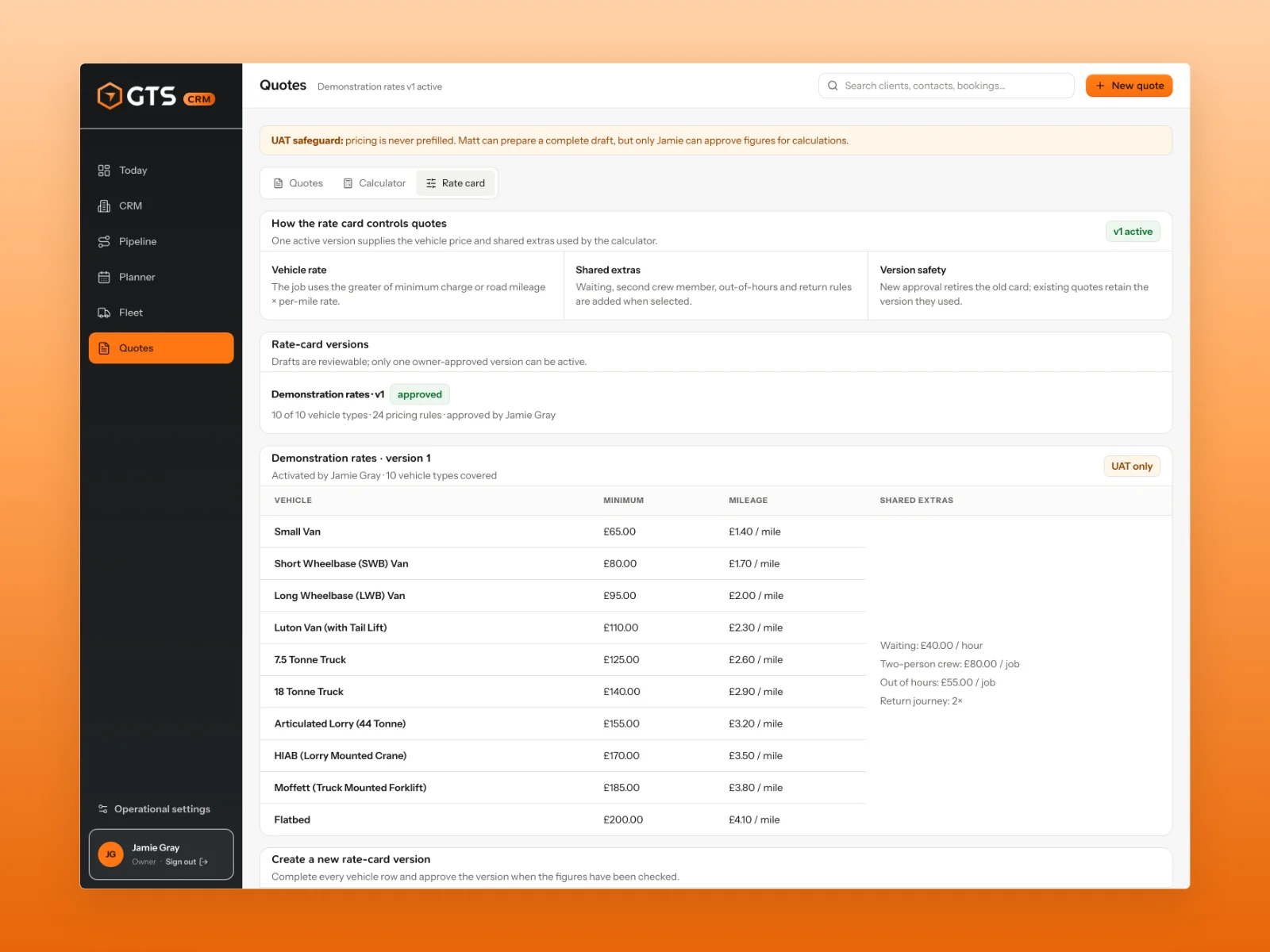 GTS Reading CRM versioned demonstration rate card with vehicle minimums, mileage rates and shared pricing rules