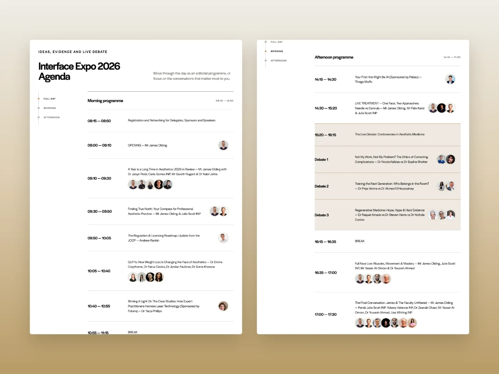 Interface Expo morning and afternoon agenda layouts with session times, presenter portraits and programme navigation