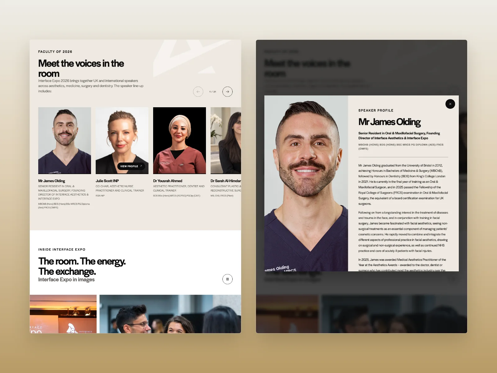 Interface Expo speaker carousel alongside an open speaker biography in the custom profile dialog