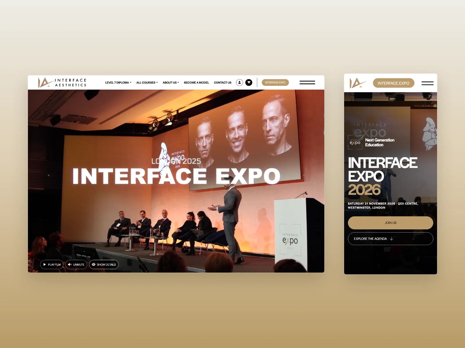 Interface Expo video with the hero details hidden alongside the responsive mobile event page with a still-image background