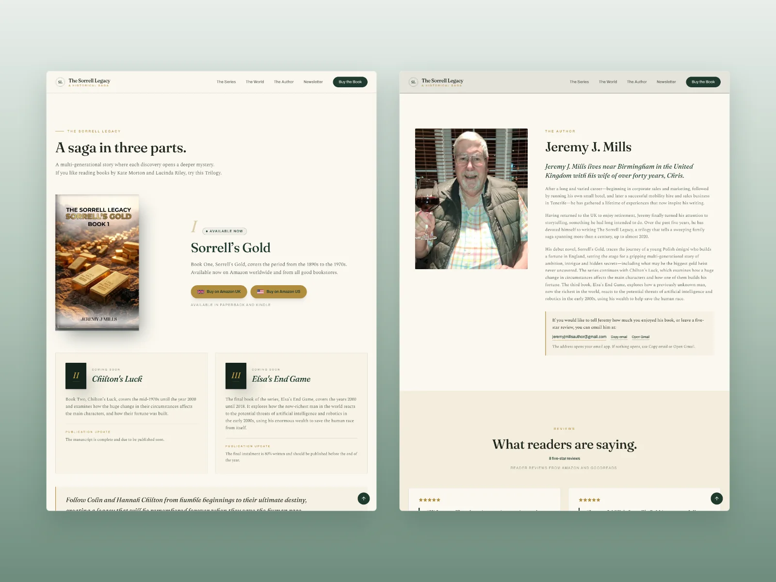 The Sorrell Legacy book series and Jeremy J Mills author profile sections on the custom WordPress landing page