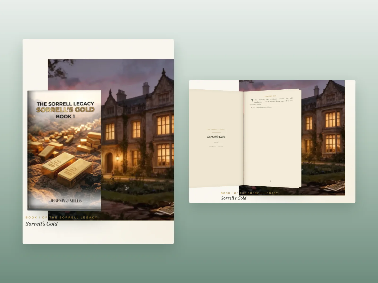 Close-up views of Sorrell's Gold before and during the scroll-driven opening book animation on Jeremy J Mills's website