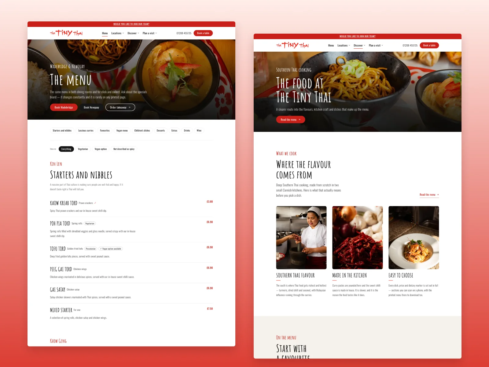 The Tiny Thai editable online menu and food page, with menu categories, dietary information and cooking photography