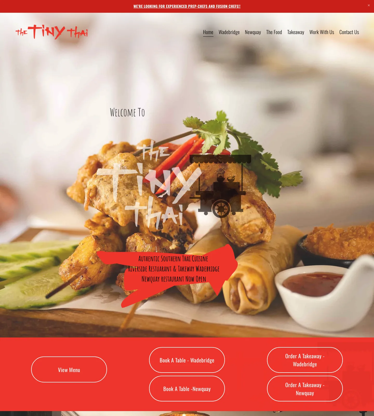 The Tiny Thai homepage before the redesign, with the original Squarespace layout and restaurant navigation