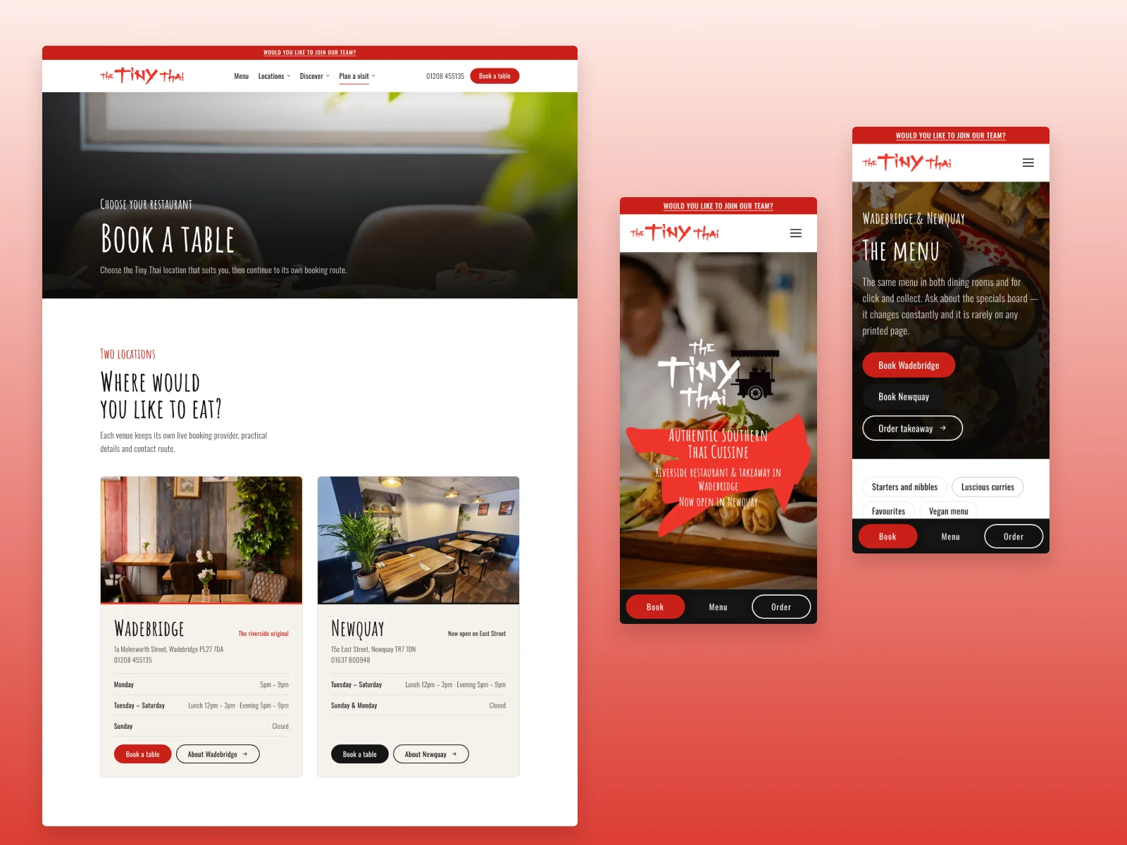 The Tiny Thai mobile homepage and menu alongside the desktop restaurant booking choices
