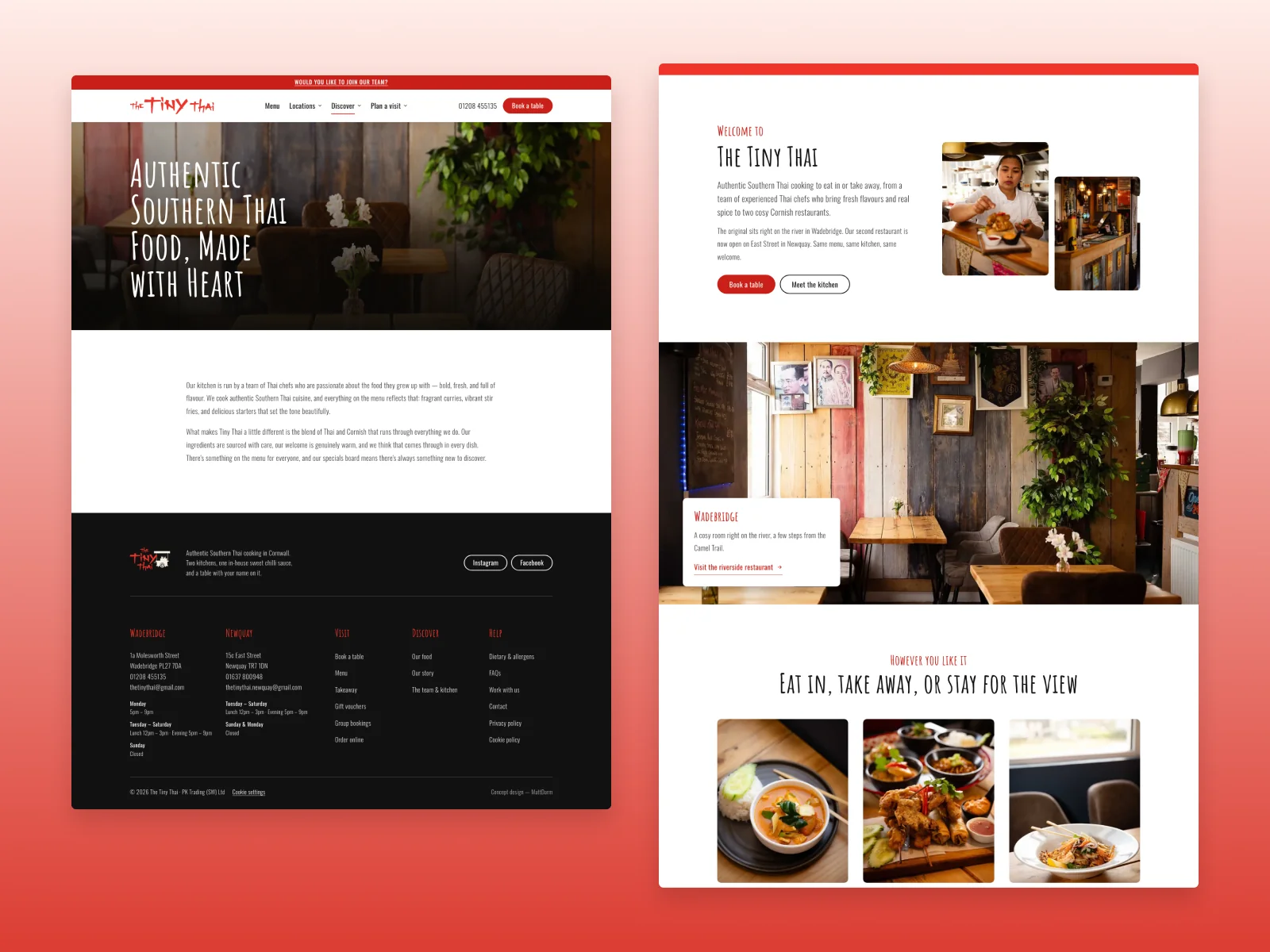 The Tiny Thai story and homepage sections presenting the restaurant team, food and two Cornish venues