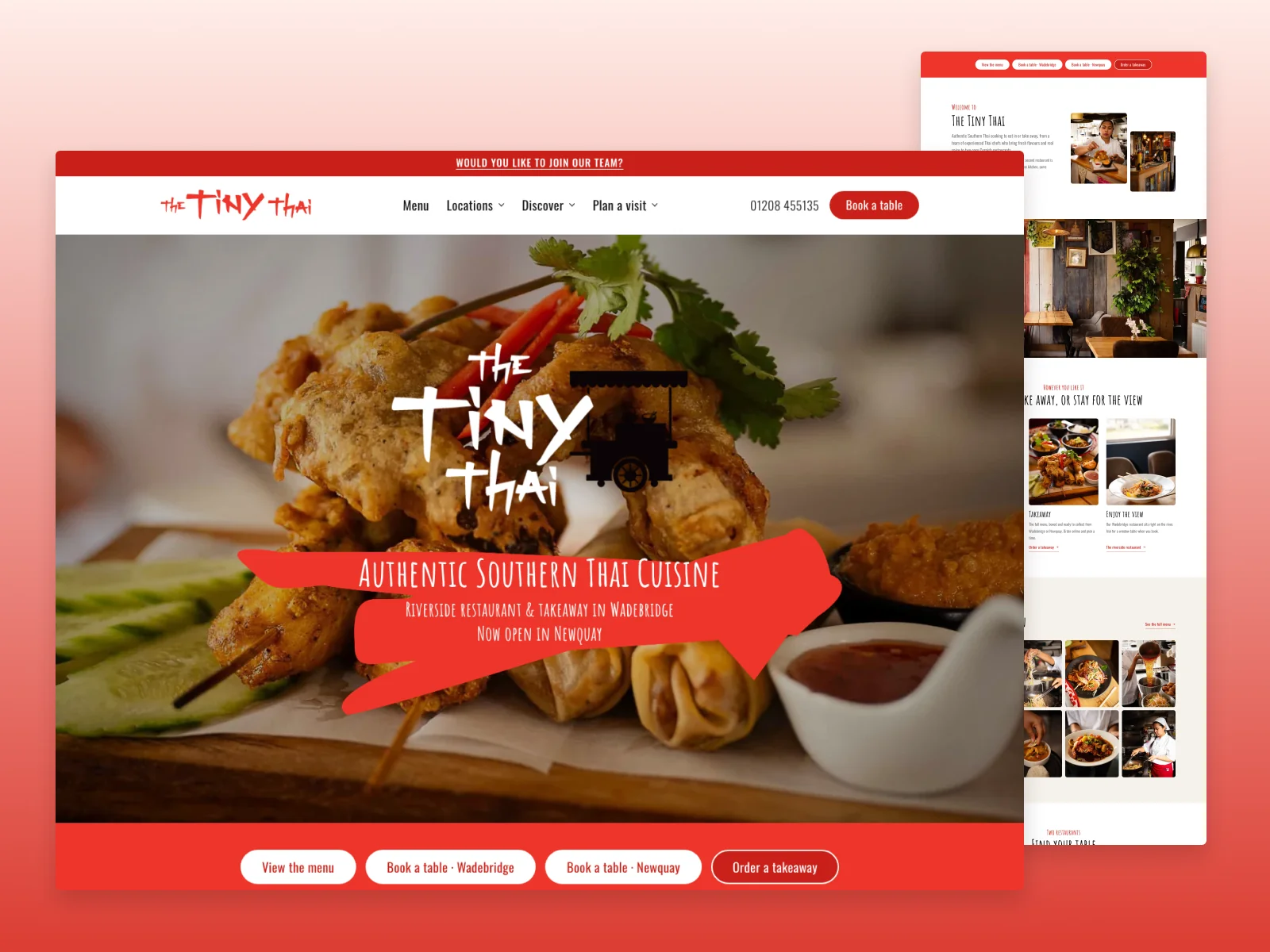 The Tiny Thai redesigned WordPress homepage with food photography, red branding and clear menu and restaurant navigation