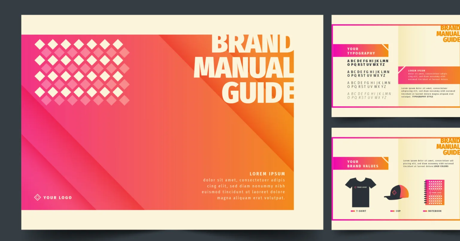 A brand guidelines document showing logo, colour and typography rules