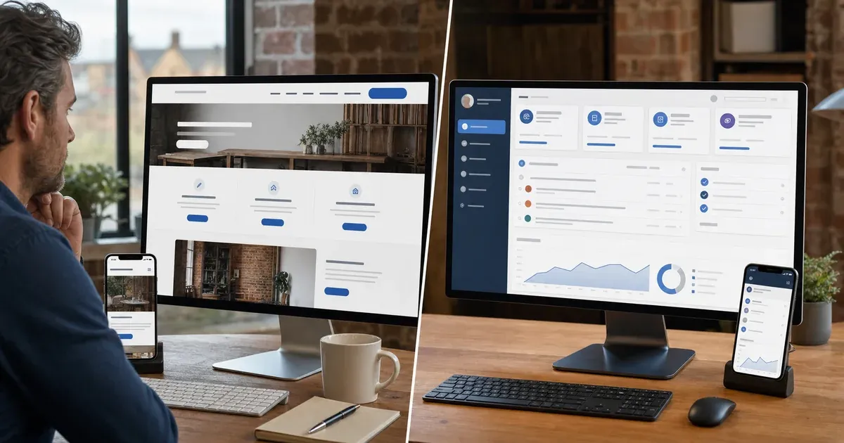 Website and web app interfaces compared side by side for a UK business