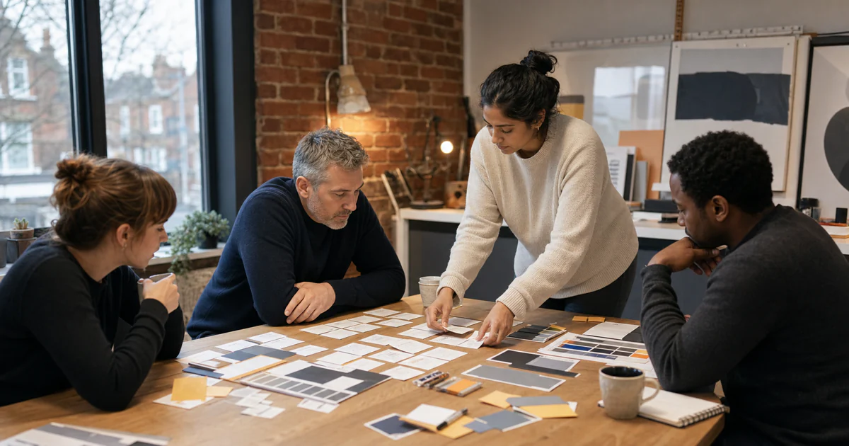 A diverse UK small-business team taking part in a practical brand strategy workshop