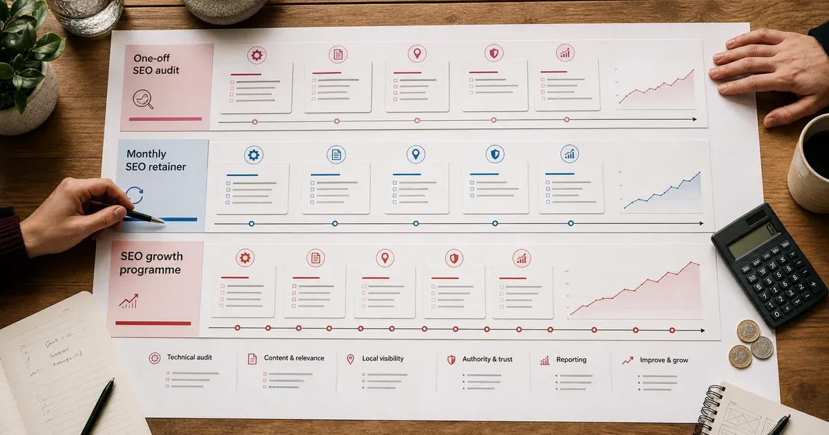 SEO service roadmap comparing a one-off audit, monthly retainer and growth programme
